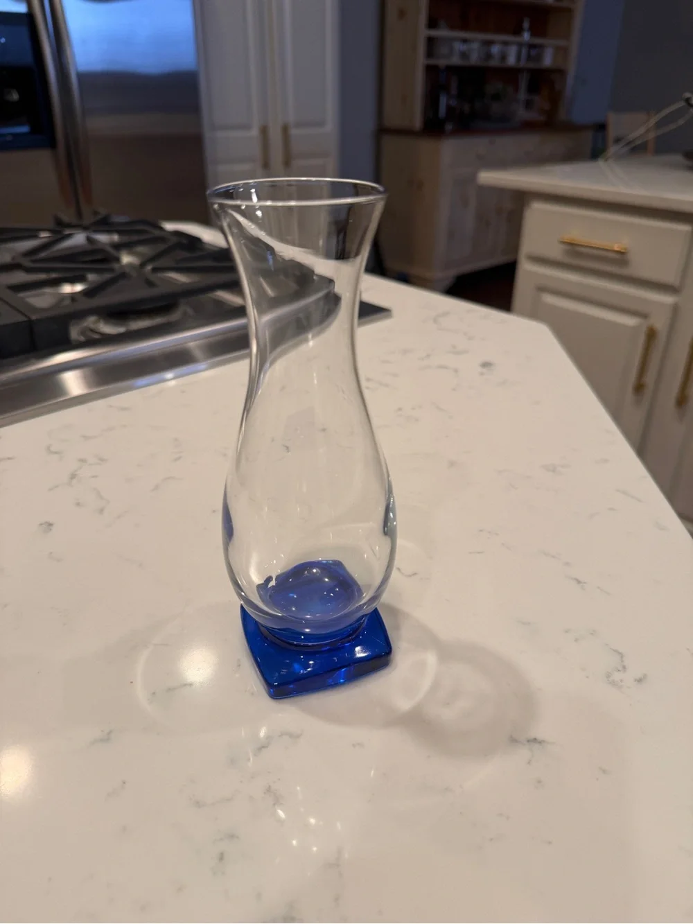 Clear Art Glass Bud Vase Cobalt Blue Square Base Flared Rim 7”